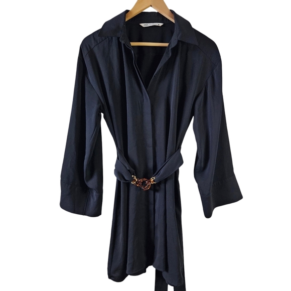 Zara Dresses & Skirts - ZARA Belted shirt dress Black Cuffed long sleeves Collar XS hidden button up 046